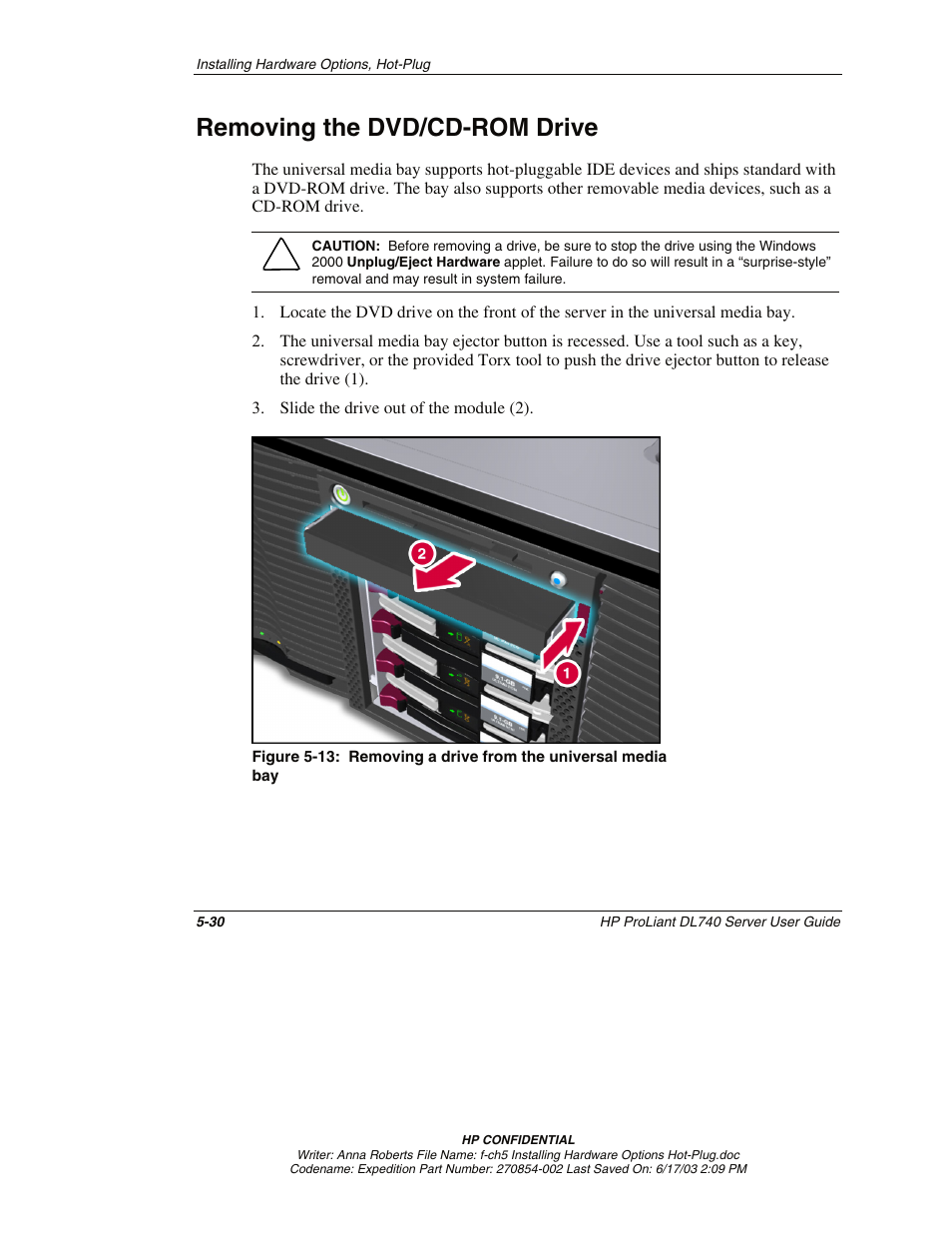 Removing the dvd/cd-rom drive, Removing the dvd/cd-rom drive -30 | HP ProLiant DL740 Server User Manual | Page 129 / 277