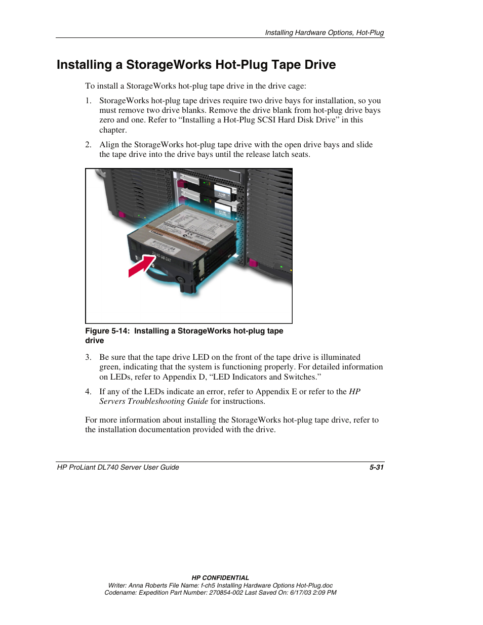 Installing a storageworks hot-plug tape drive, Installing a storageworks hot-plug tape drive -31 | HP ProLiant DL740 Server User Manual | Page 130 / 277