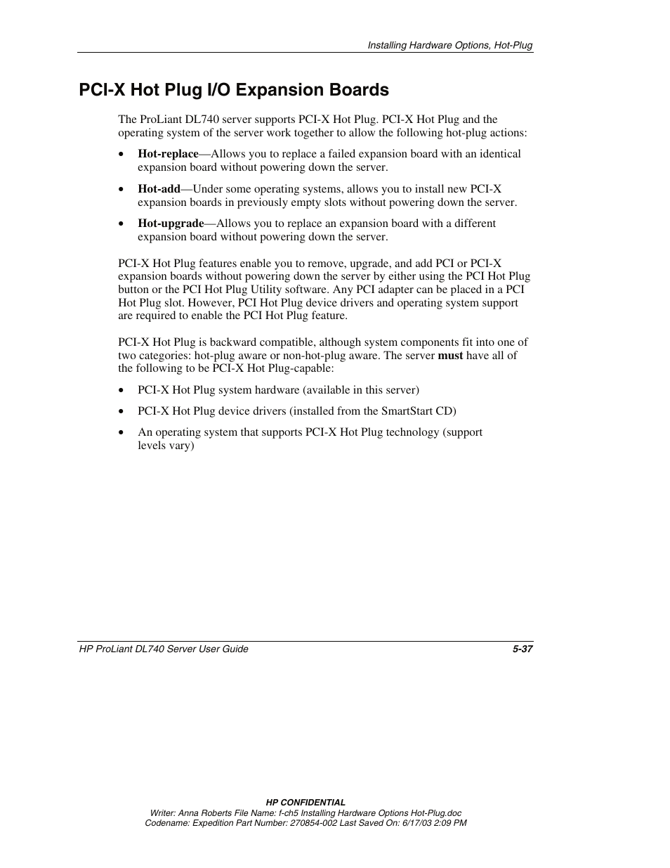 Pci-x hot plug i/o expansion boards, Pci-x hot plug i/o expansion boards -37 | HP ProLiant DL740 Server User Manual | Page 136 / 277