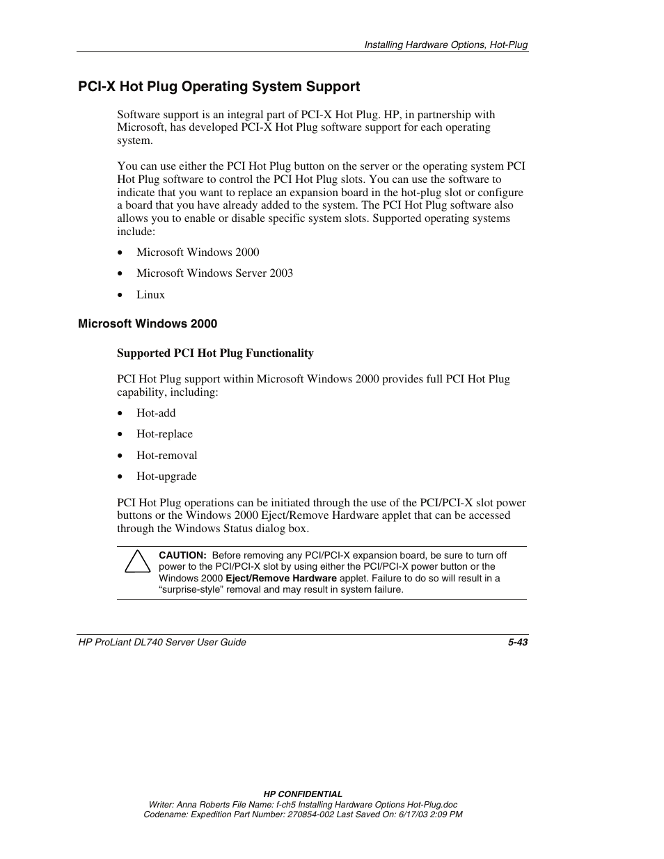 Pci-x hot plug operating system support, Microsoft windows 2000, Pci-x hot plug operating system support -43 | HP ProLiant DL740 Server User Manual | Page 142 / 277
