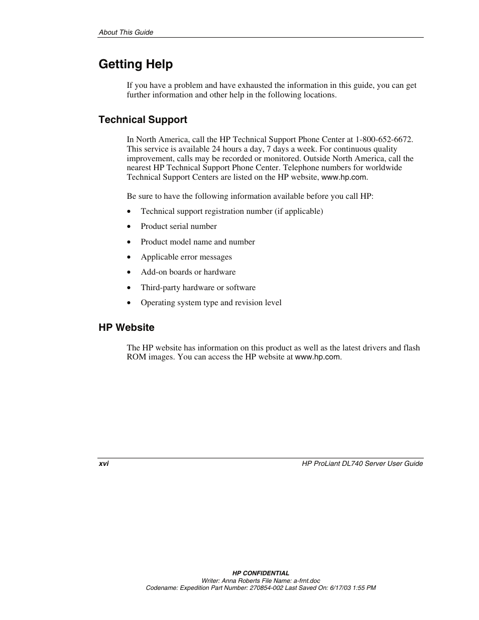 Getting help, Technical support, Hp website | HP ProLiant DL740 Server User Manual | Page 15 / 277