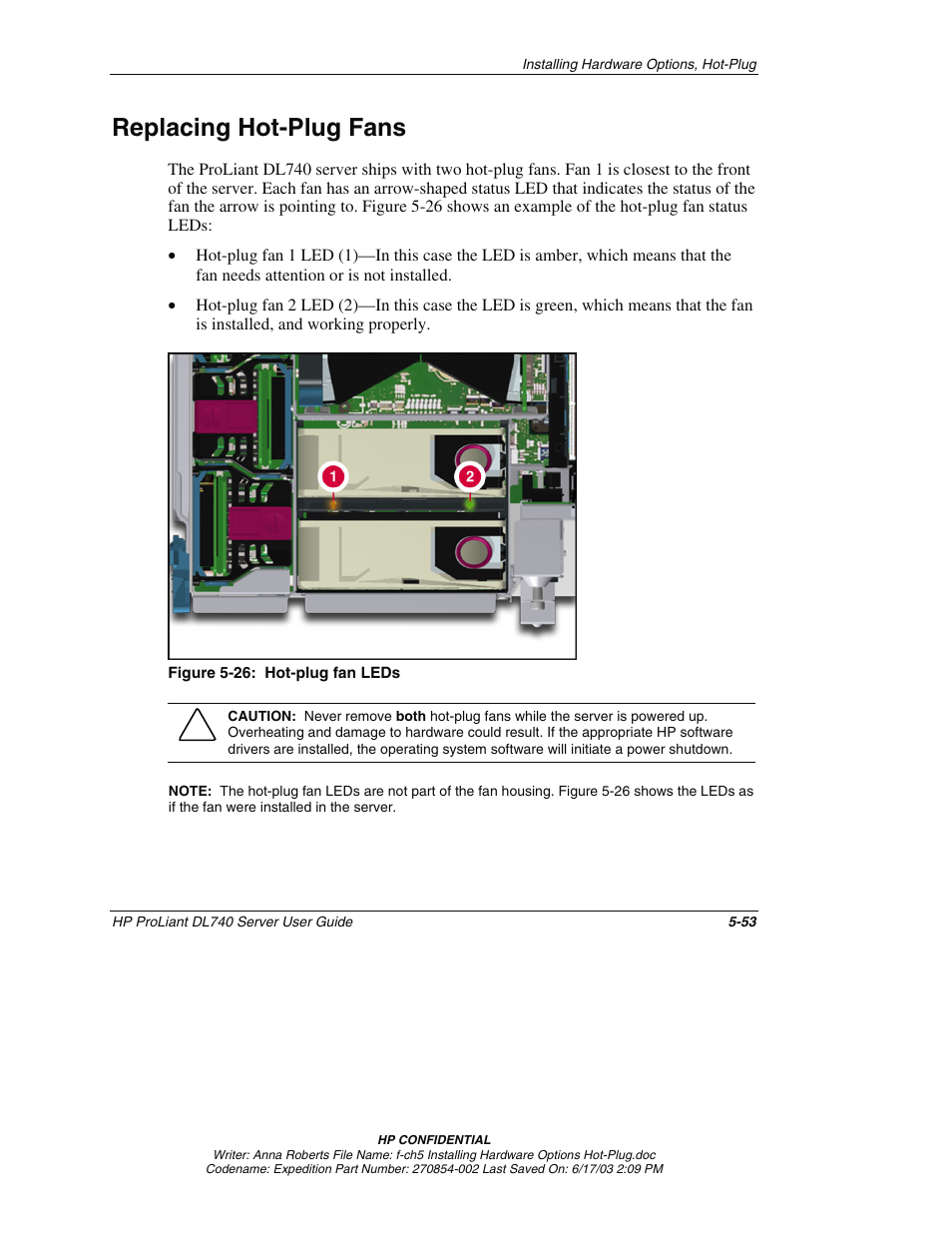 Replacing hot-plug fans, Replacing hot-plug fans -53 | HP ProLiant DL740 Server User Manual | Page 152 / 277