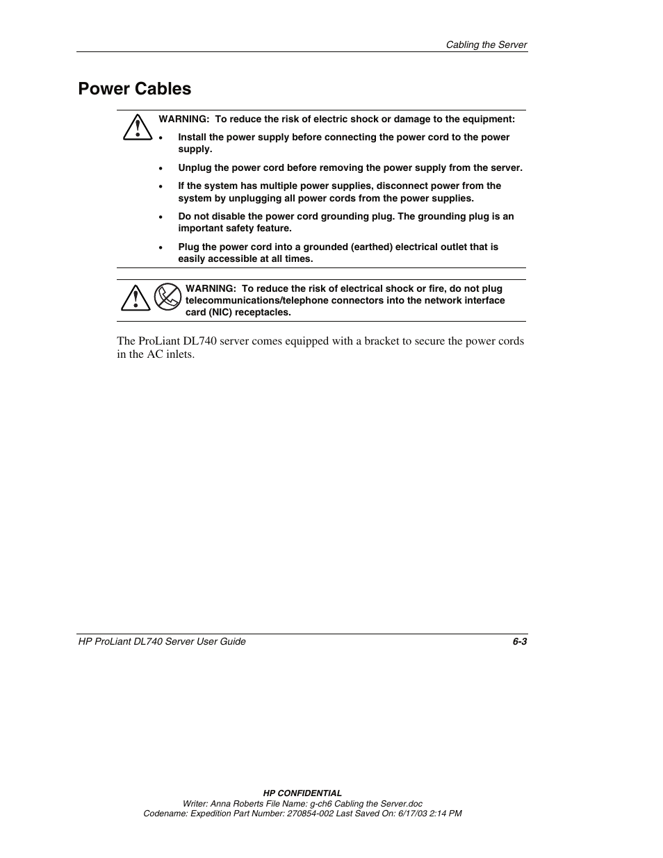 Power cables, Power cables -3 | HP ProLiant DL740 Server User Manual | Page 158 / 277