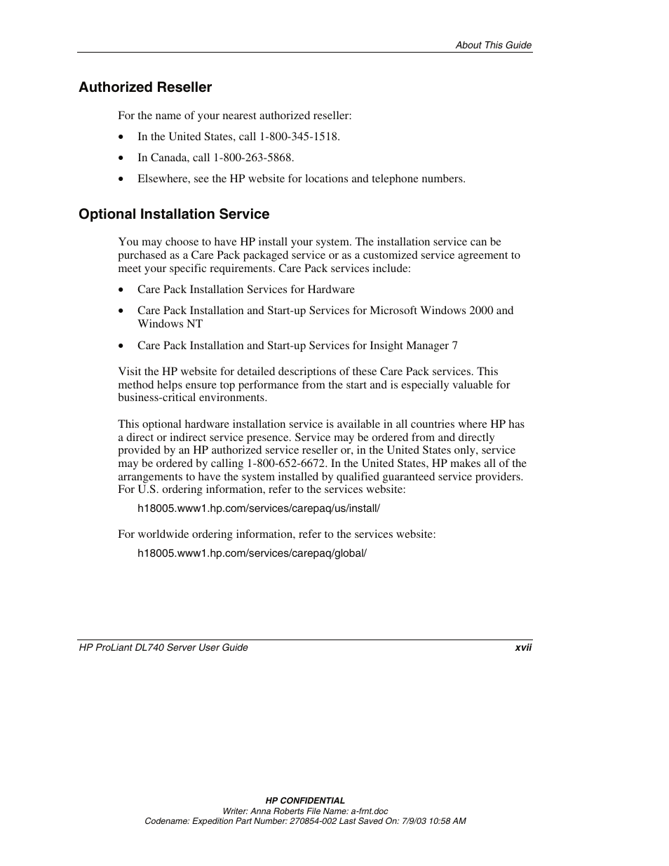 Authorized reseller, Optional installation service | HP ProLiant DL740 Server User Manual | Page 16 / 277