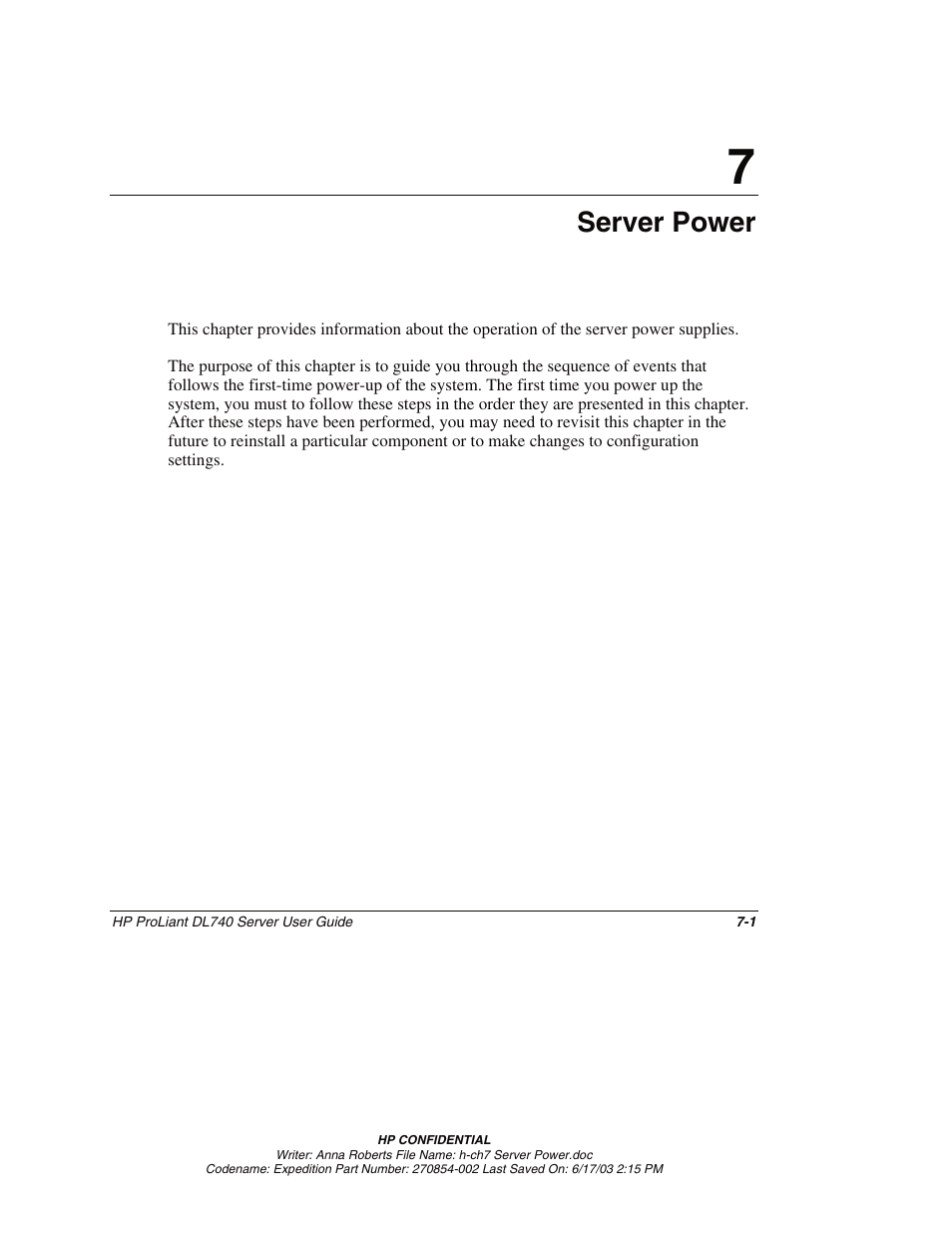 Chapter 7: server power, Chapter 7, Server power | HP ProLiant DL740 Server User Manual | Page 168 / 277