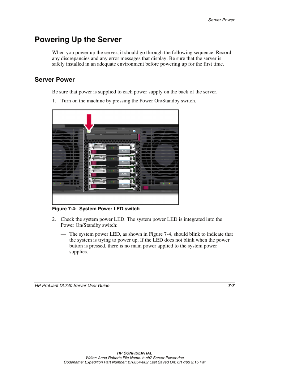 Powering up the server, Server power, Powering up the server -7 | Server power -7 | HP ProLiant DL740 Server User Manual | Page 174 / 277