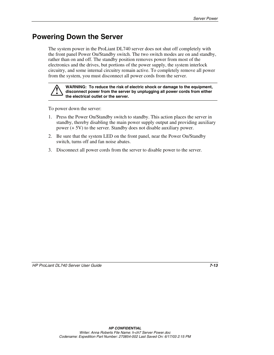 Powering down the server, Powering down the server -13 | HP ProLiant DL740 Server User Manual | Page 180 / 277