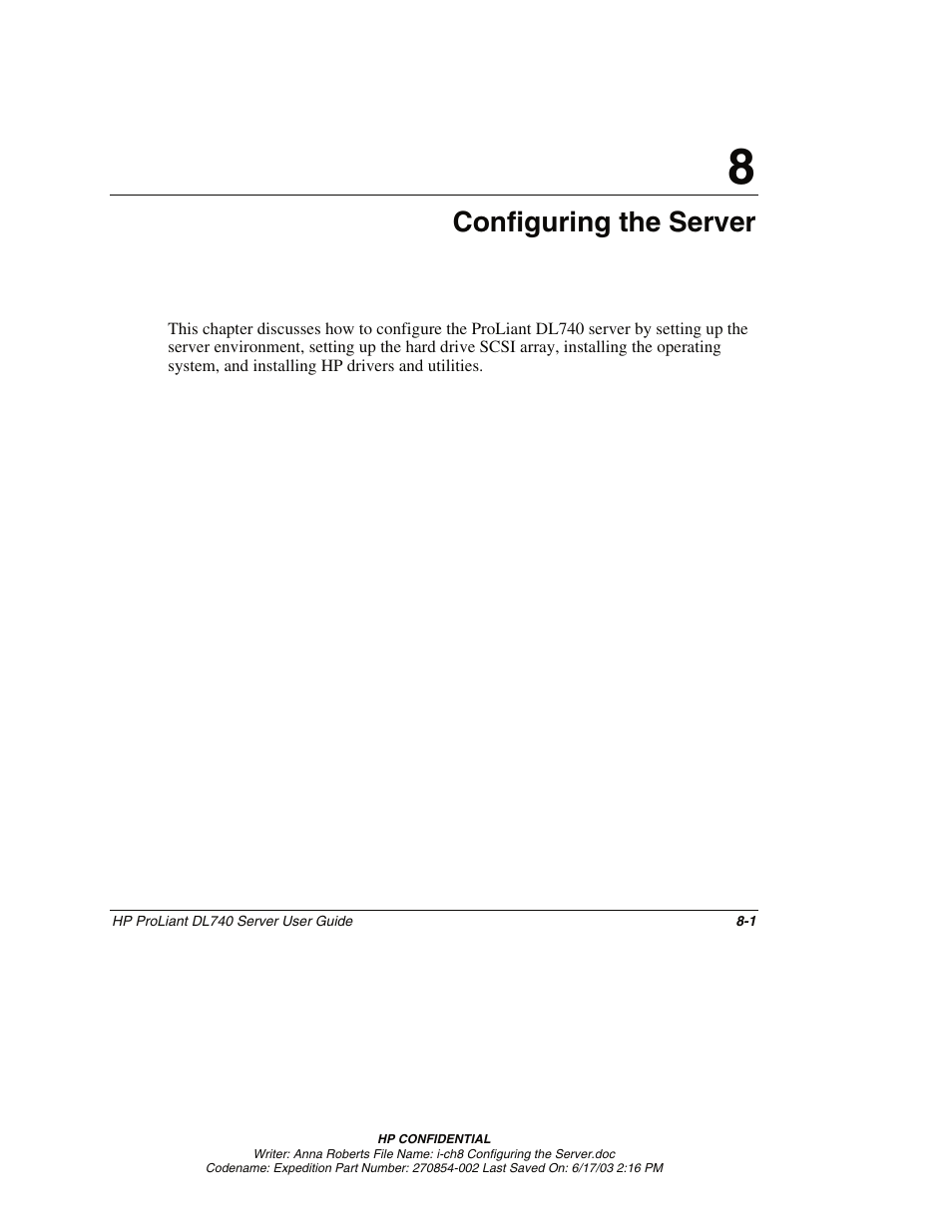 Chapter 8: configuring the server, Chapter 8, Configuring the server | HP ProLiant DL740 Server User Manual | Page 181 / 277