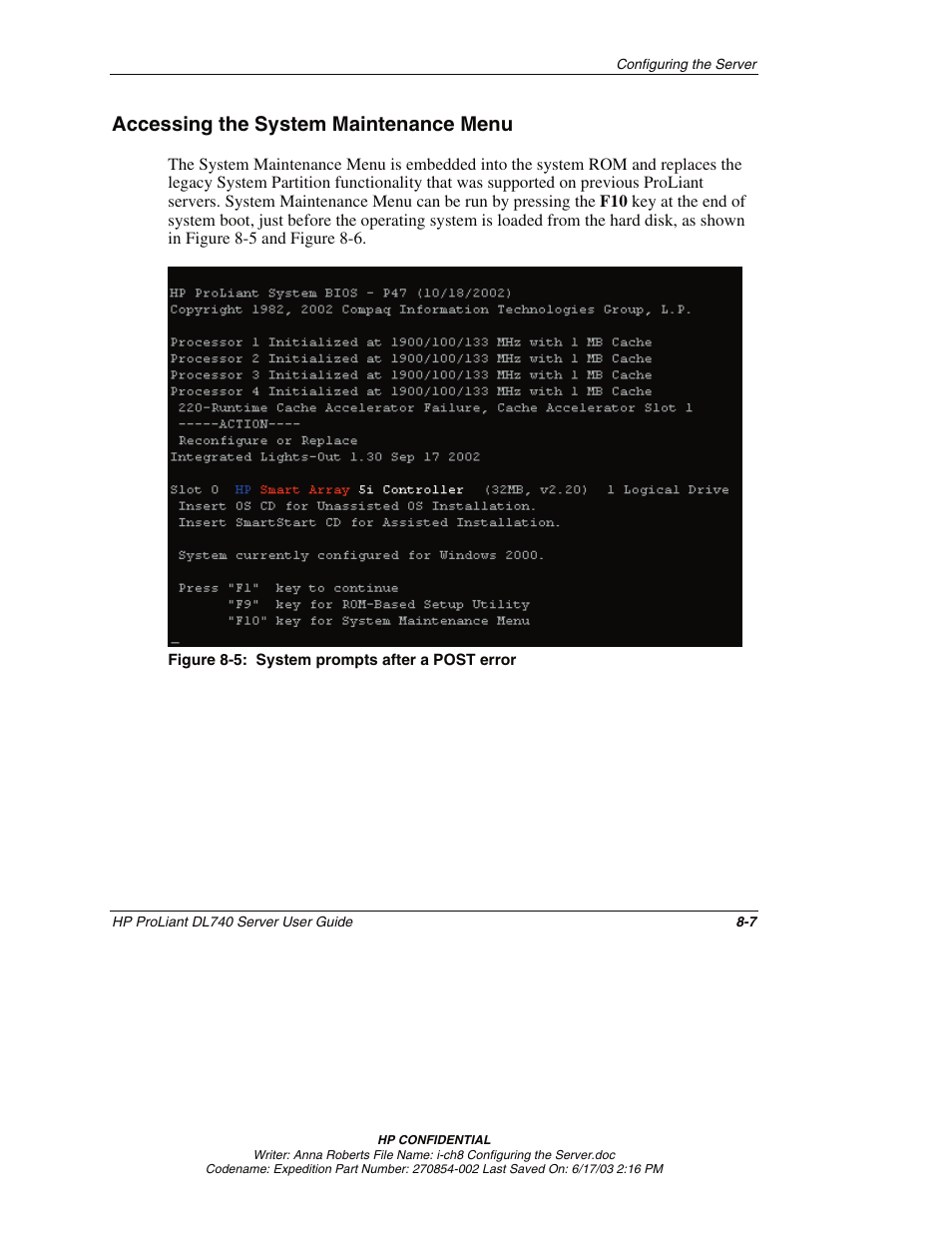 Accessing the system maintenance menu, Accessing the system maintenance menu -7 | HP ProLiant DL740 Server User Manual | Page 187 / 277