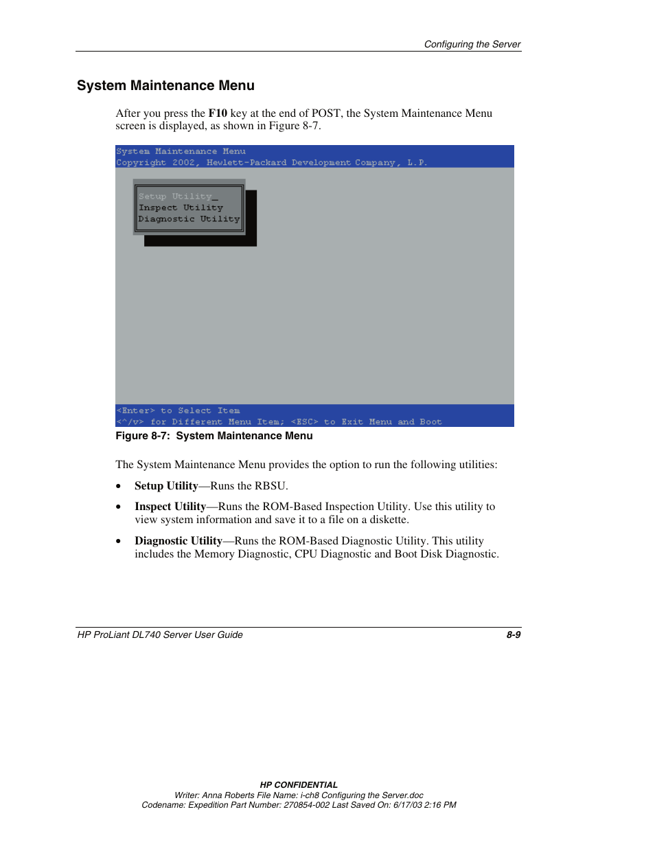 System maintenance menu, System maintenance menu -9 | HP ProLiant DL740 Server User Manual | Page 189 / 277