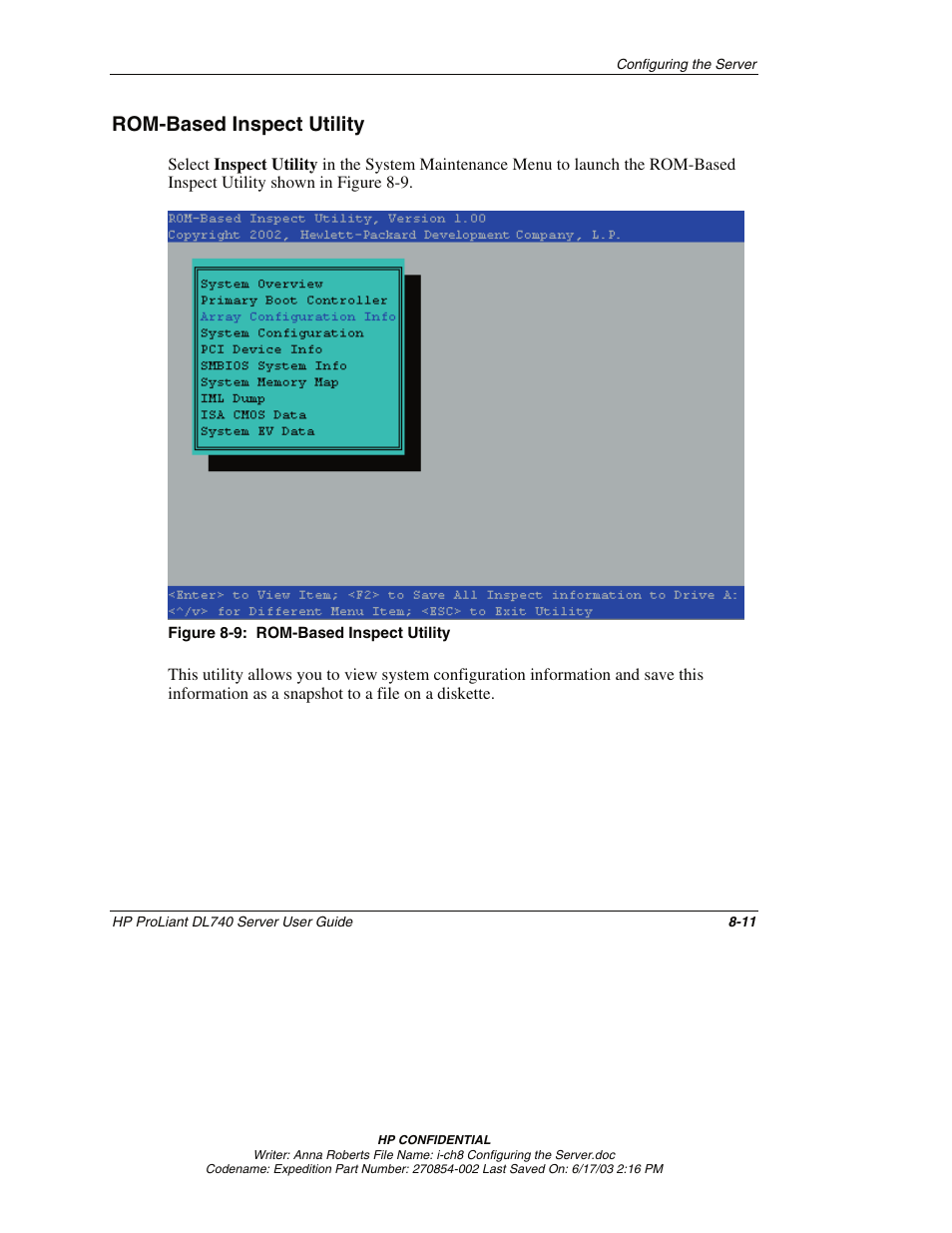 Rom-based inspect utility, Rom-based inspect utility -11 | HP ProLiant DL740 Server User Manual | Page 191 / 277