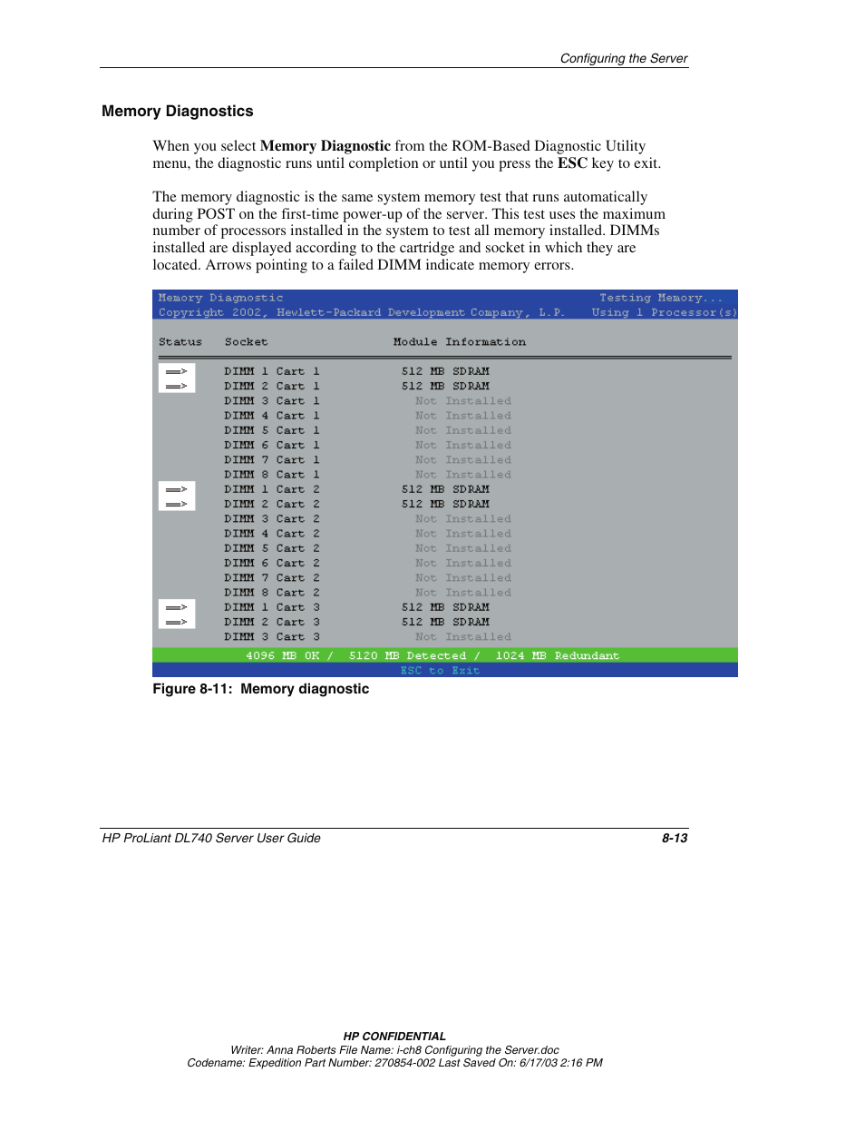 Memory diagnostics | HP ProLiant DL740 Server User Manual | Page 193 / 277