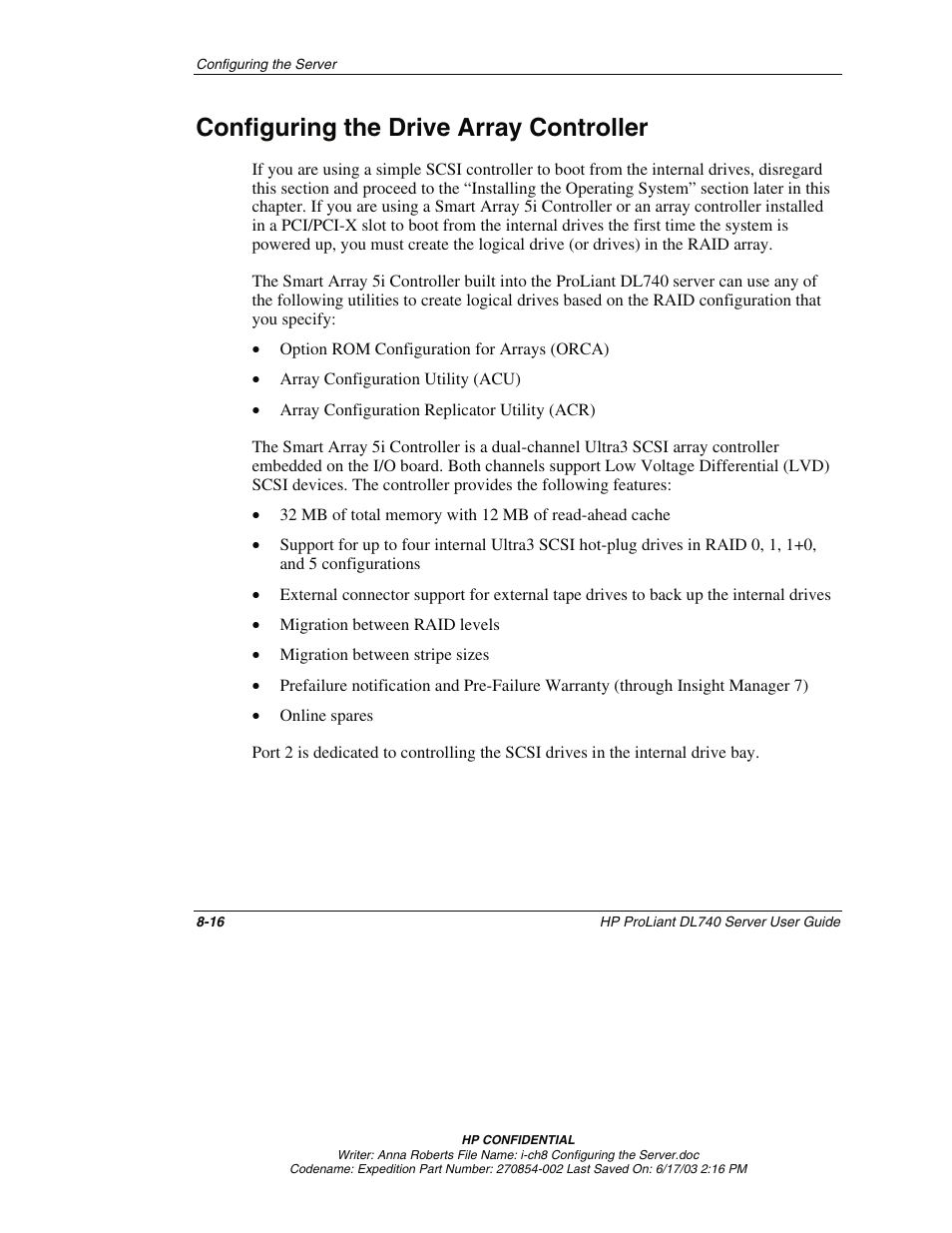 Configuring the drive array controller, Configuring the drive array controller -16 | HP ProLiant DL740 Server User Manual | Page 196 / 277