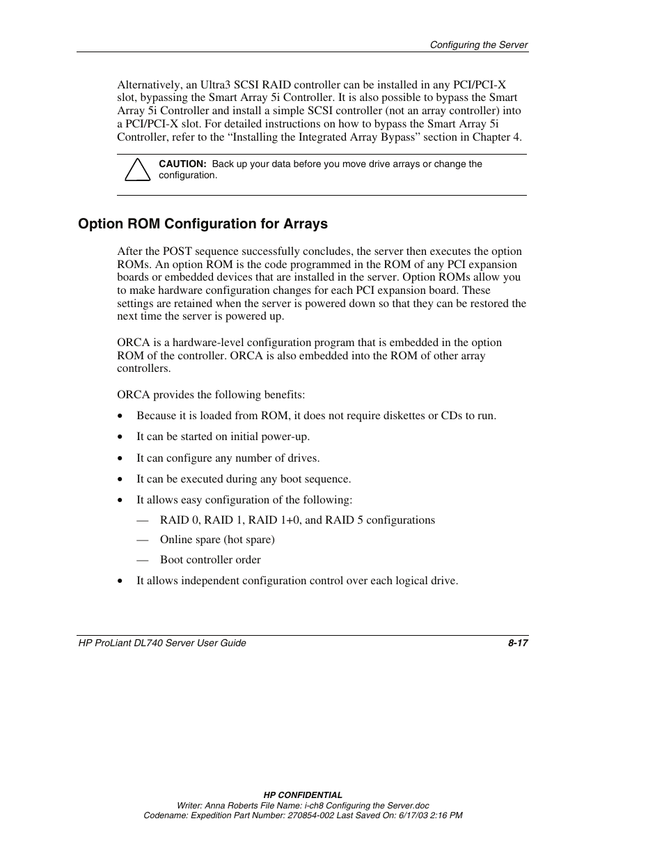 Option rom configuration for arrays, Option rom configuration for arrays -17 | HP ProLiant DL740 Server User Manual | Page 197 / 277