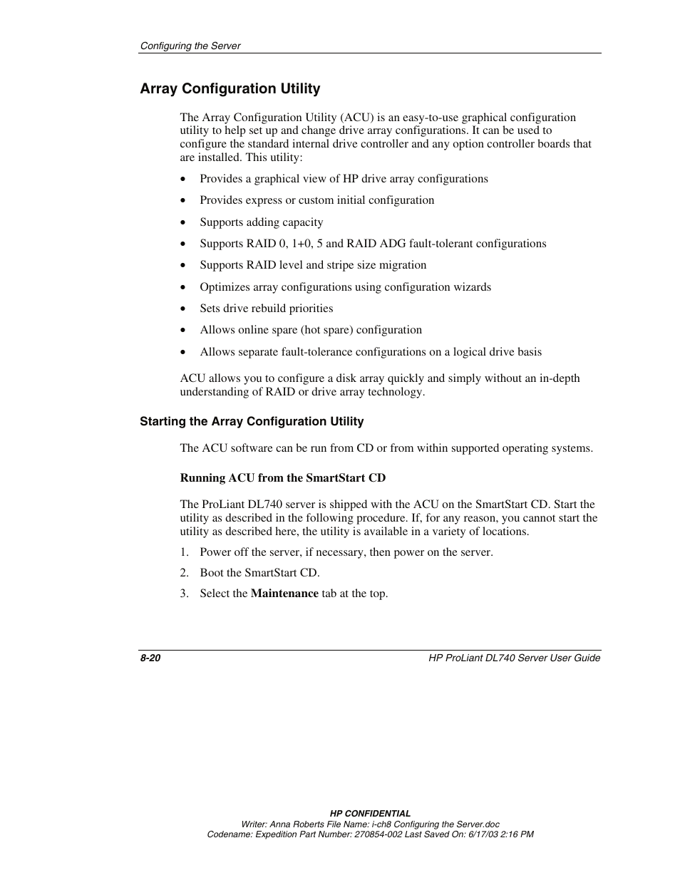 Array configuration utility, Starting the array configuration utility, Array configuration utility -20 | HP ProLiant DL740 Server User Manual | Page 200 / 277