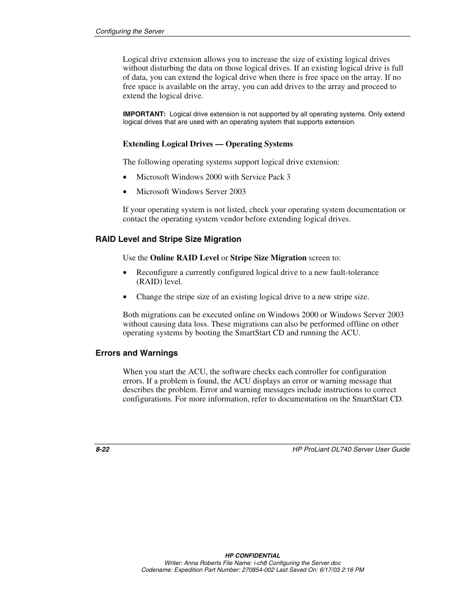 Raid level and stripe size migration, Errors and warnings | HP ProLiant DL740 Server User Manual | Page 202 / 277