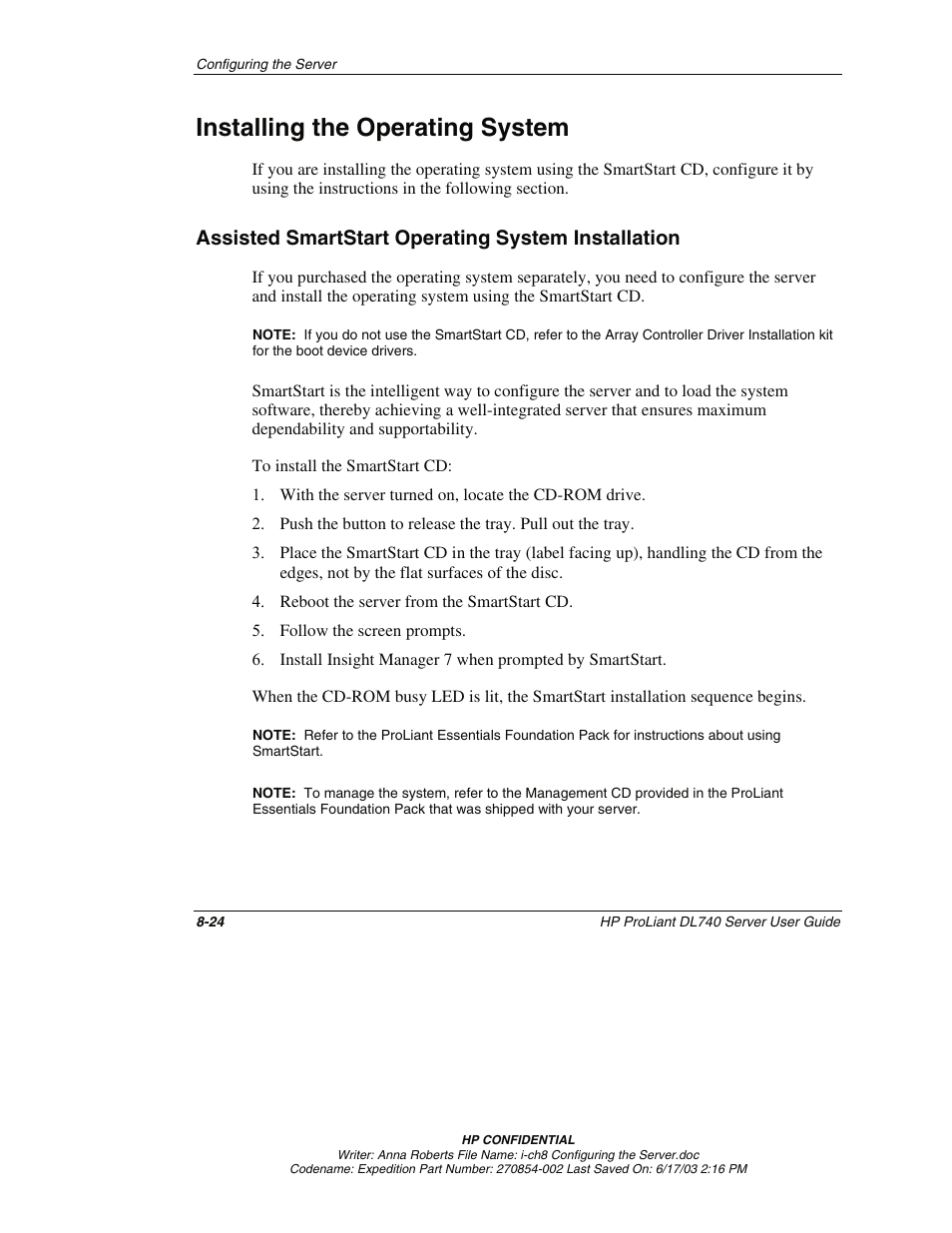 Installing the operating system, Assisted smartstart operating system installation, Installing the operating system -24 | HP ProLiant DL740 Server User Manual | Page 204 / 277