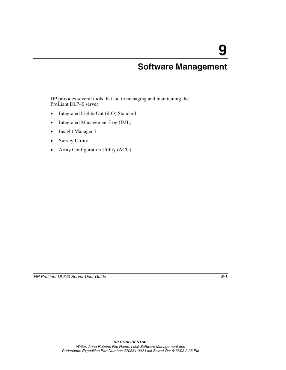 Chapter 9: software management, Chapter 9, Software management | HP ProLiant DL740 Server User Manual | Page 206 / 277