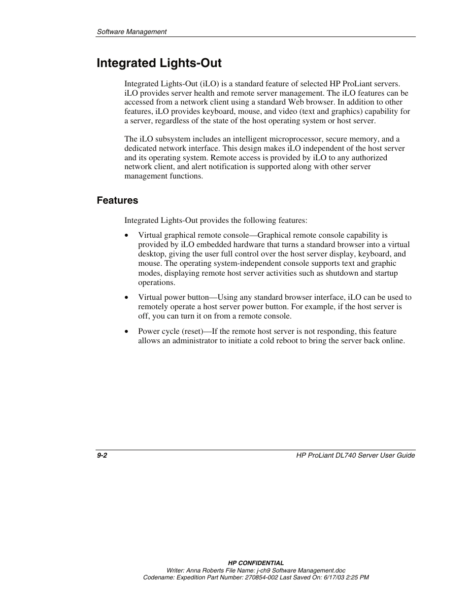 Integrated lights-out, Features, Integrated lights-out -2 | Features -2 | HP ProLiant DL740 Server User Manual | Page 207 / 277