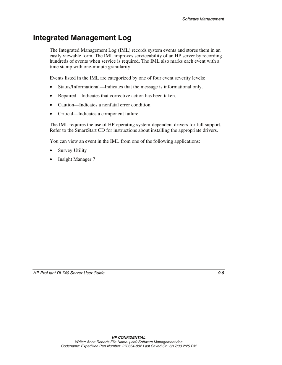 Integrated management log, Integrated management log -9 | HP ProLiant DL740 Server User Manual | Page 214 / 277