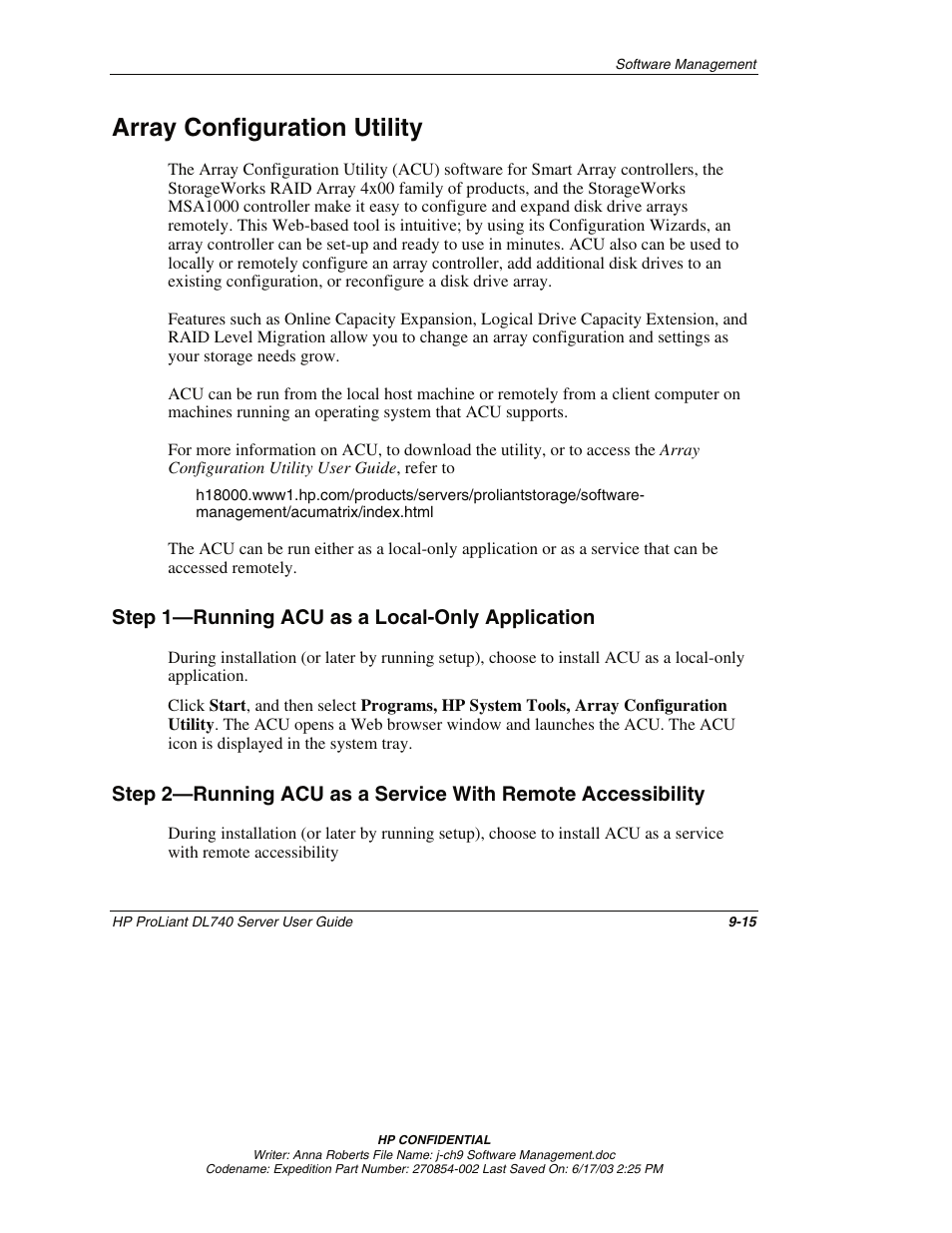 Array configuration utility, Step 1—running acu as a local-only application, Step 1—running acu as a local-only application -15 | Array configuration utility -15 | HP ProLiant DL740 Server User Manual | Page 220 / 277