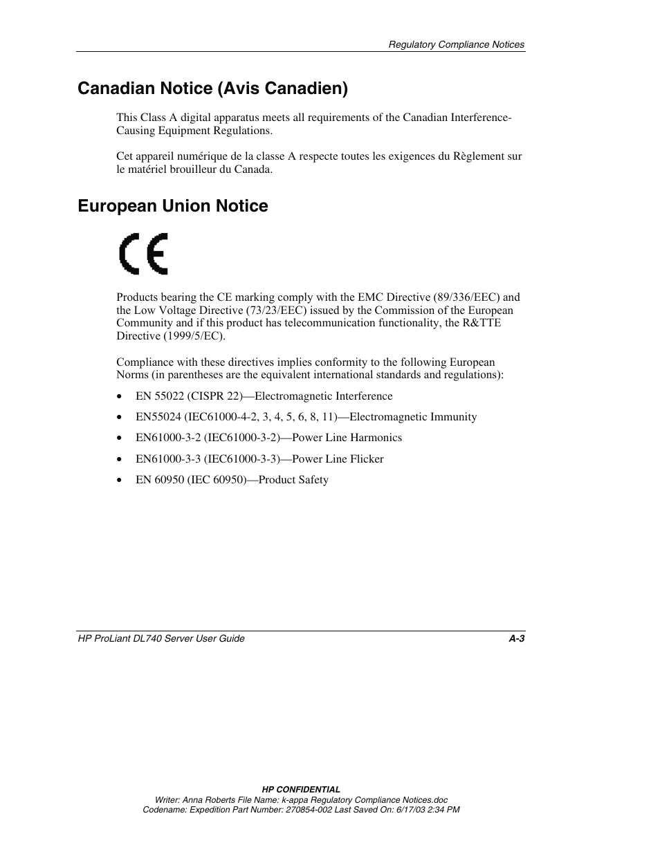 Canadian notice (avis canadien), European union notice | HP ProLiant DL740 Server User Manual | Page 225 / 277