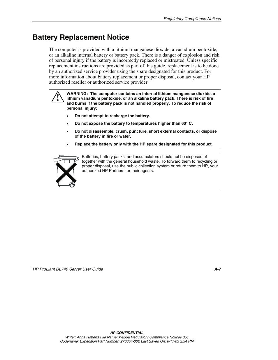 Battery replacement notice | HP ProLiant DL740 Server User Manual | Page 229 / 277