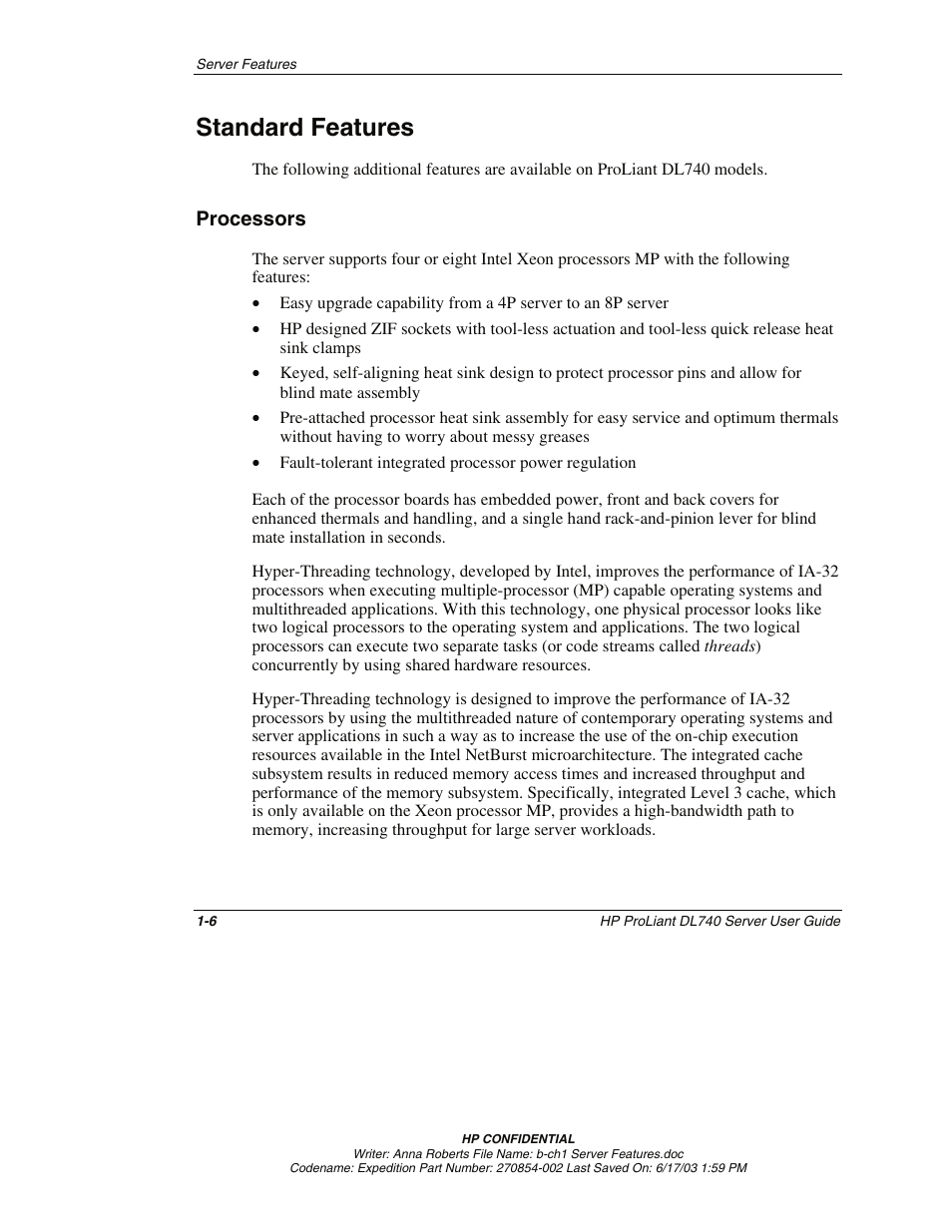 Standard features, Processors, Standard features -6 | Processors -6 | HP ProLiant DL740 Server User Manual | Page 23 / 277