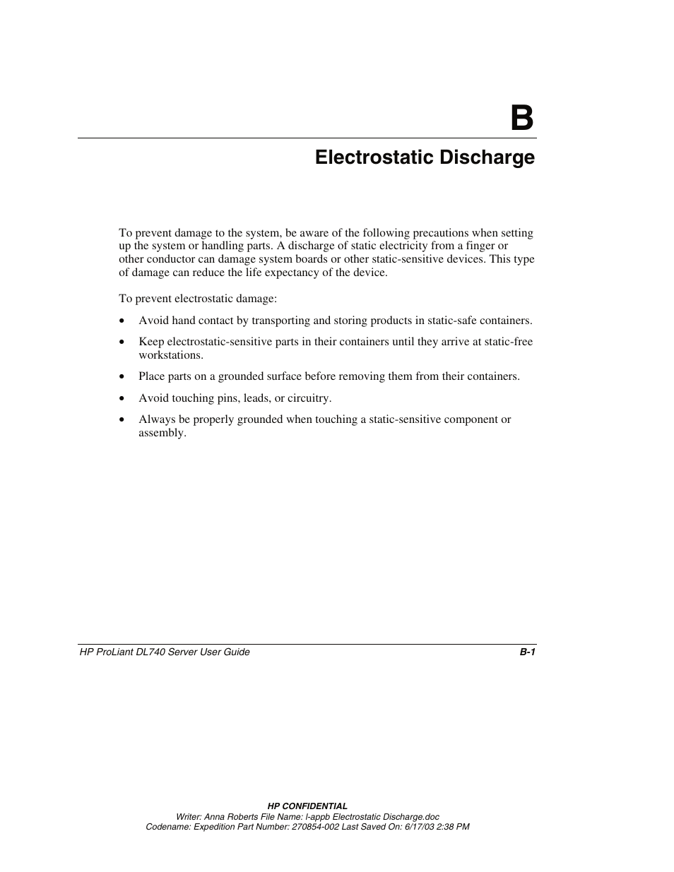 Appendix b: electrostatic discharge, Appendix b, Electrostatic discharge | HP ProLiant DL740 Server User Manual | Page 230 / 277