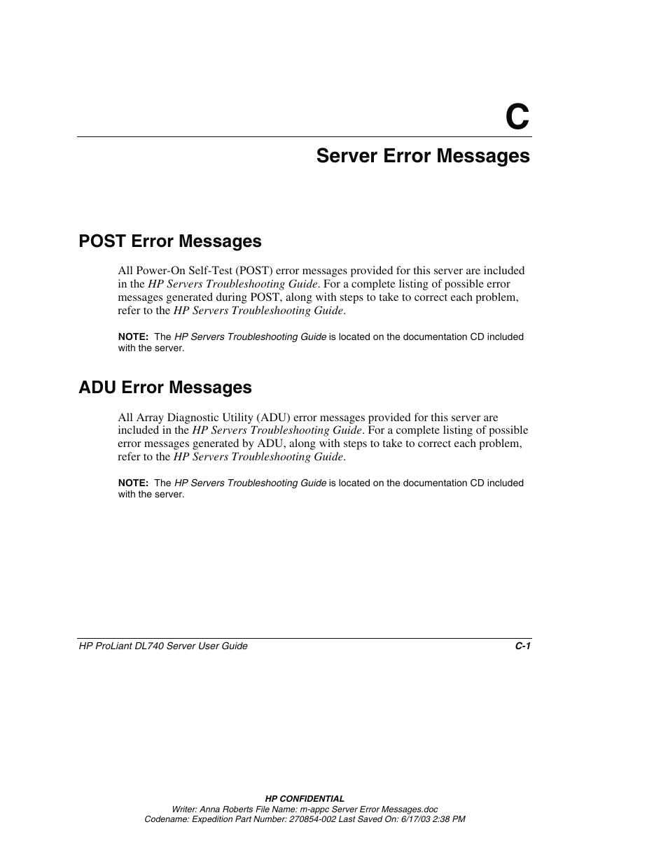 Appendix c: server error messages, Post error messages, Adu error messages | Server error messages | HP ProLiant DL740 Server User Manual | Page 232 / 277