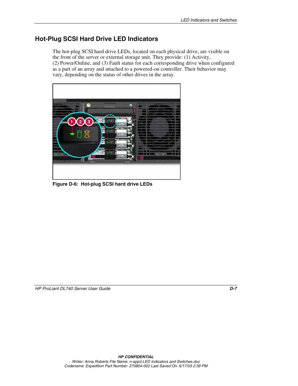 Hot-plug scsi hard drive led indicators | HP ProLiant DL740 Server User Manual | Page 239 / 277