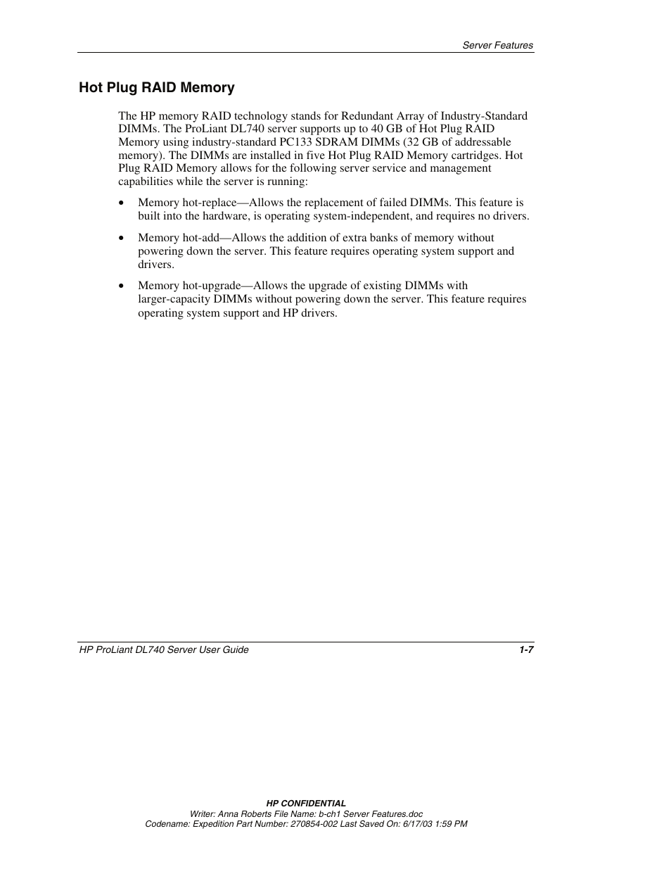 Hot plug raid memory, Hot plug raid memory -7 | HP ProLiant DL740 Server User Manual | Page 24 / 277