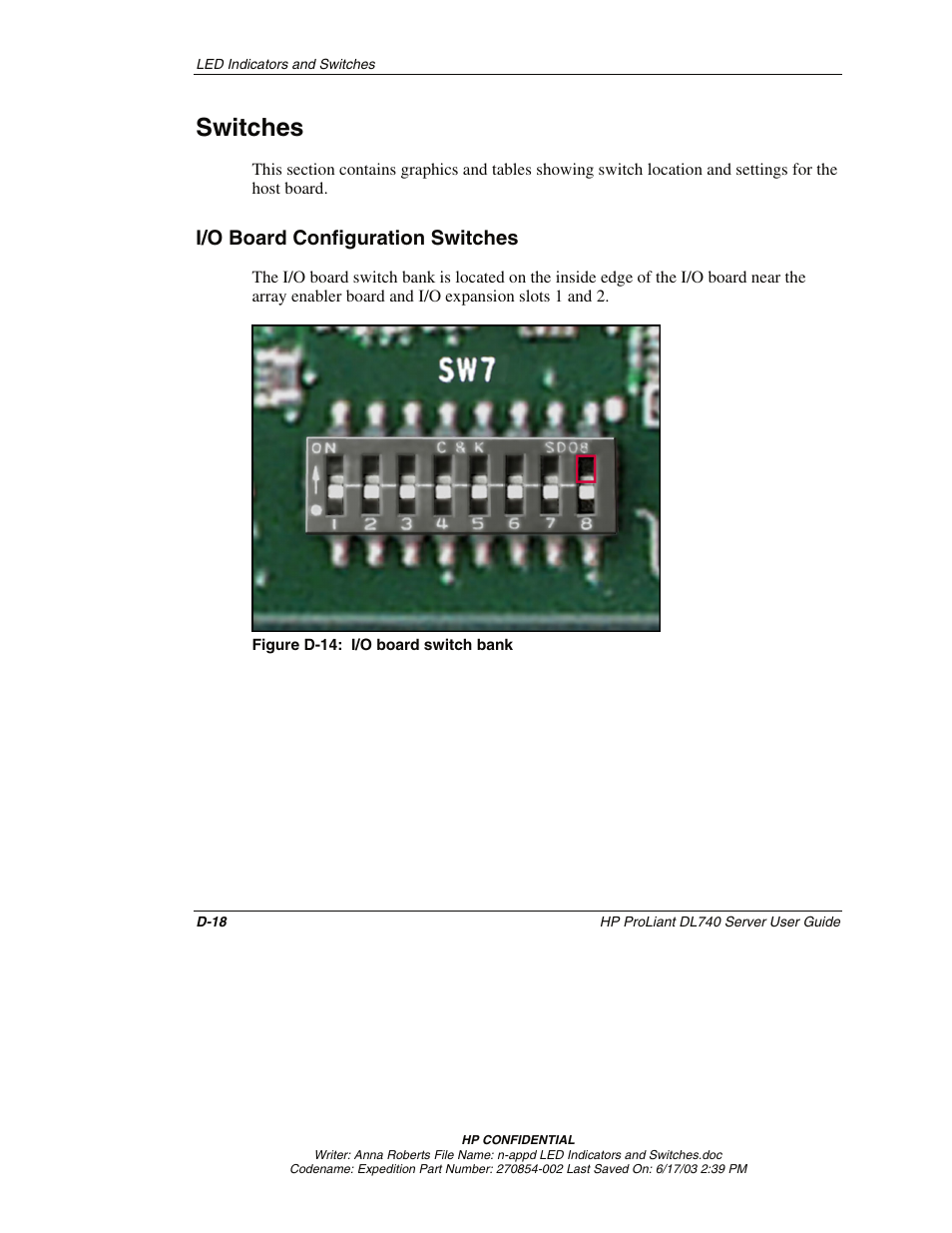 Switches, I/o board configuration switches | HP ProLiant DL740 Server User Manual | Page 250 / 277