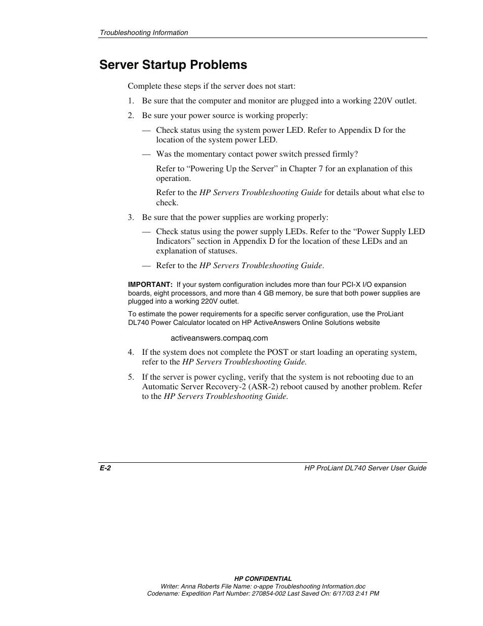 Server startup problems | HP ProLiant DL740 Server User Manual | Page 253 / 277