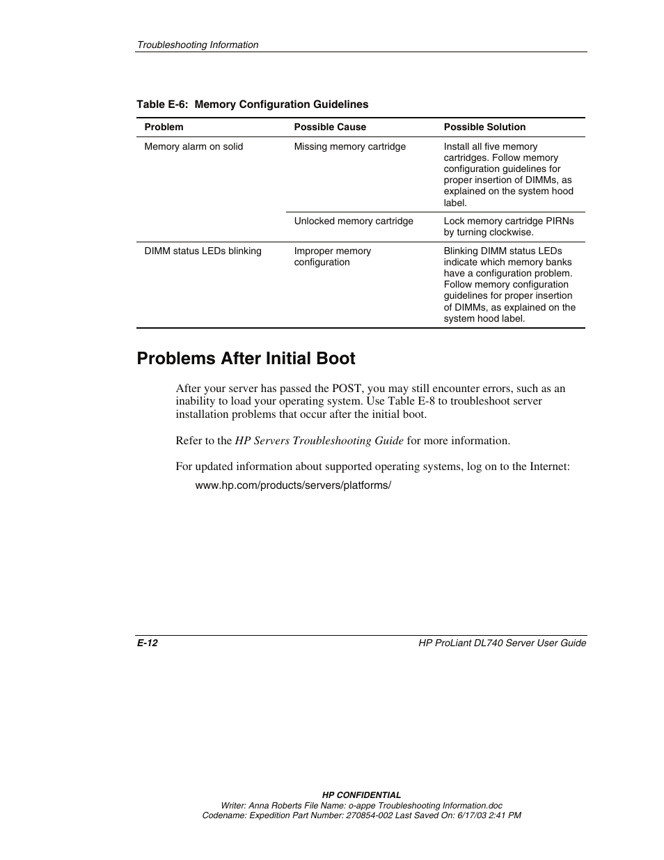 Problems after initial boot, Table e-6, System. refer to table e-6 | HP ProLiant DL740 Server User Manual | Page 263 / 277