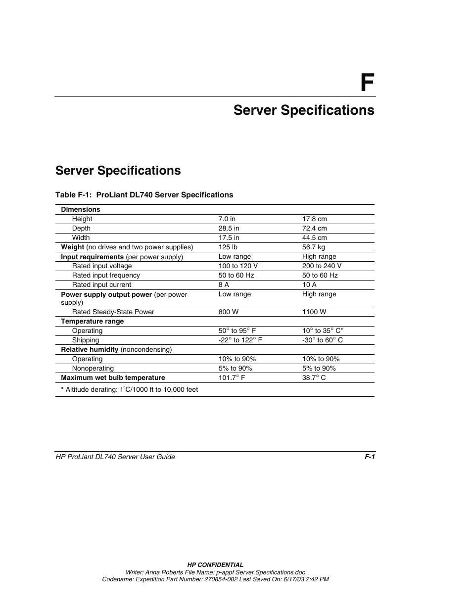 Appendix f: server specifications, Server specifications, Appendix f | HP ProLiant DL740 Server User Manual | Page 267 / 277