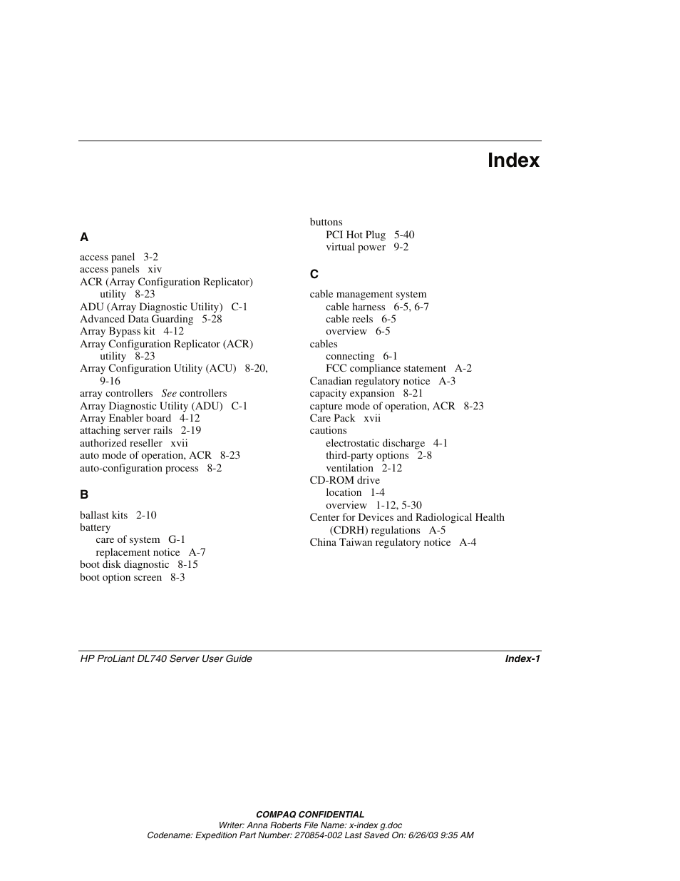 Index | HP ProLiant DL740 Server User Manual | Page 270 / 277