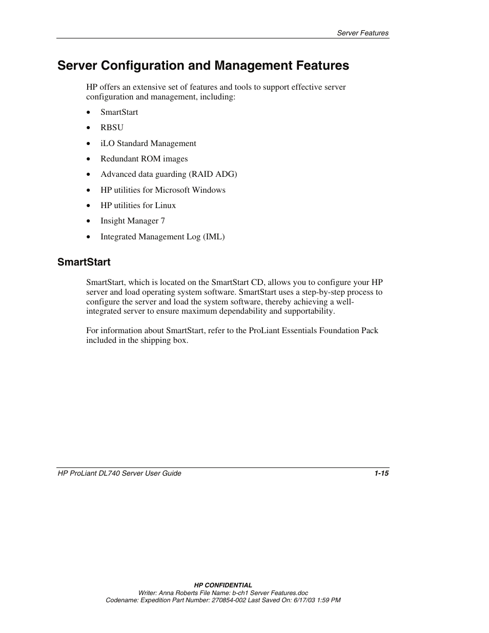 Server configuration and management features, Smartstart, Server configuration and management features -15 | Smartstart -15 | HP ProLiant DL740 Server User Manual | Page 32 / 277