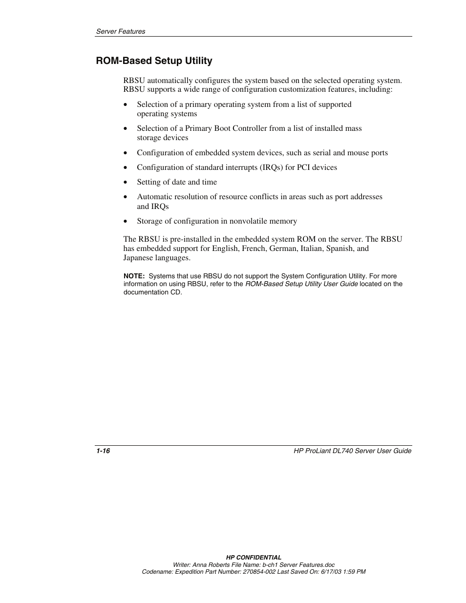 Rom-based setup utility, Rom-based setup utility -16 | HP ProLiant DL740 Server User Manual | Page 33 / 277