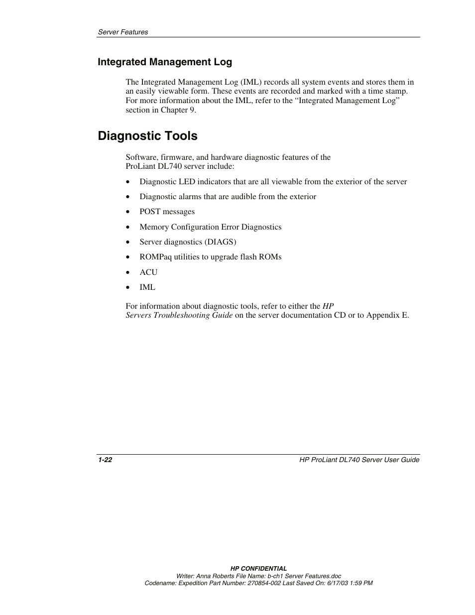 Integrated management log, Diagnostic tools, Integrated management log -22 | Diagnostic tools -22 | HP ProLiant DL740 Server User Manual | Page 39 / 277