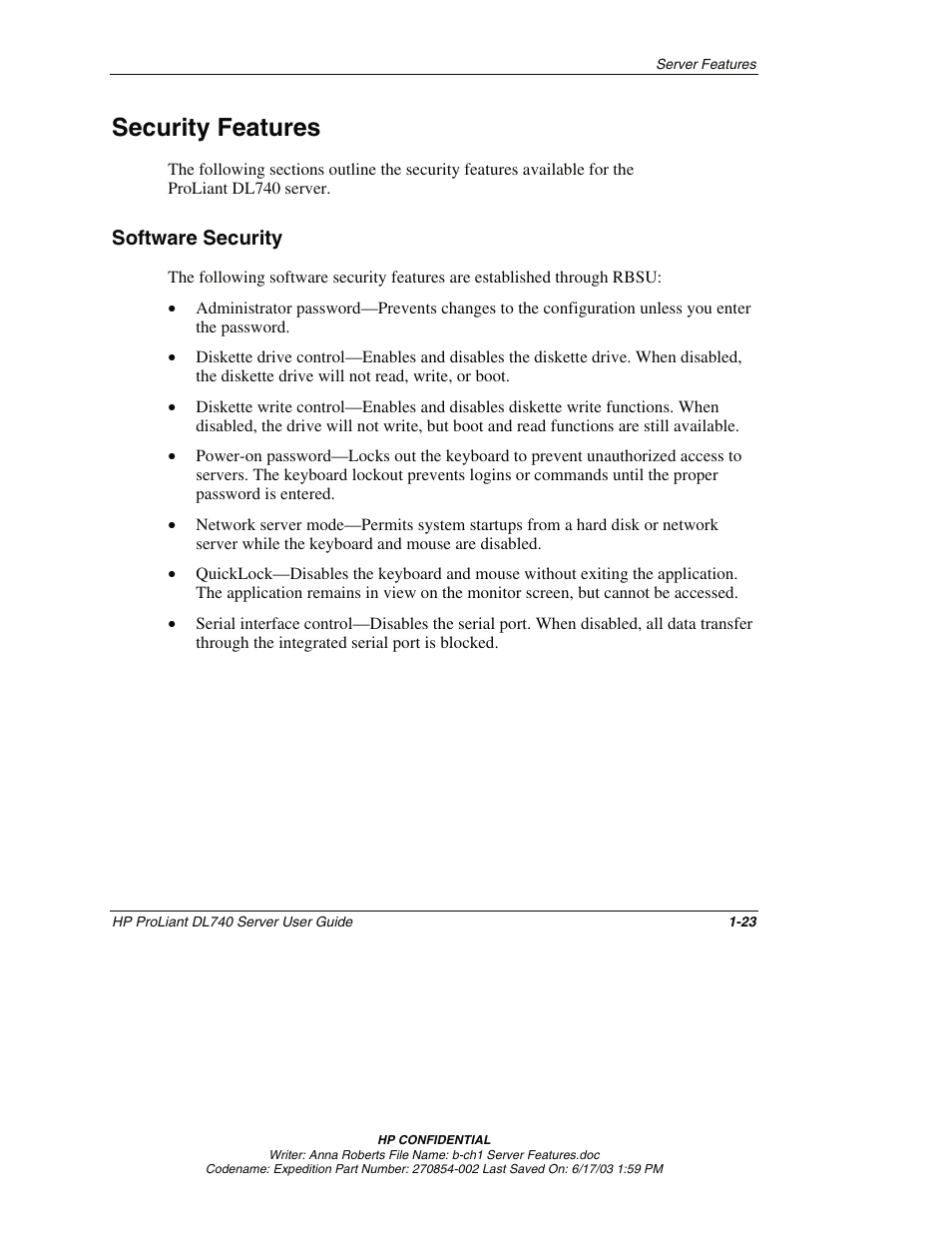 Security features, Software security, Security features -23 | Software security -23 | HP ProLiant DL740 Server User Manual | Page 40 / 277