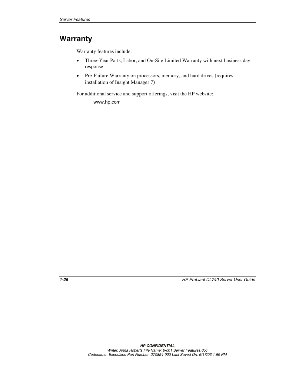 Warranty, Warranty -26 | HP ProLiant DL740 Server User Manual | Page 43 / 277