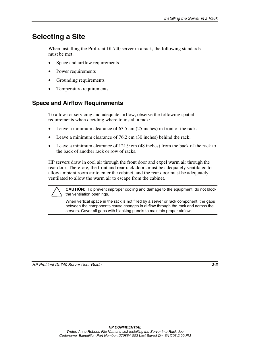 Selecting a site, Space and airflow requirements, Selecting a site -3 | Space and airflow requirements -3 | HP ProLiant DL740 Server User Manual | Page 46 / 277