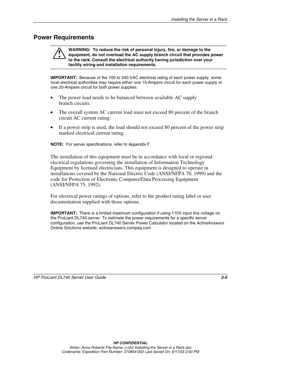 Power requirements, Power requirements -5 | HP ProLiant DL740 Server User Manual | Page 48 / 277