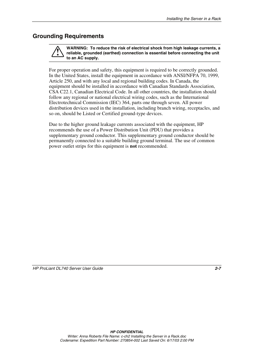 Grounding requirements, Grounding requirements -7 | HP ProLiant DL740 Server User Manual | Page 50 / 277