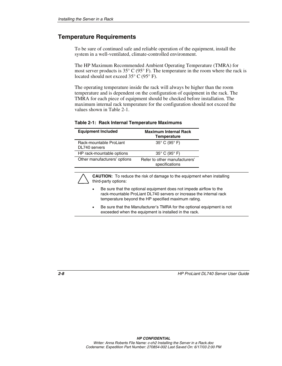 Temperature requirements, Temperature requirements -8 | HP ProLiant DL740 Server User Manual | Page 51 / 277