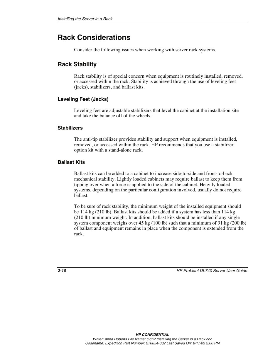 Rack considerations, Rack stability, Leveling feet (jacks) | Stabilizers, Ballast kits, Rack considerations -10, Rack stability -10 | HP ProLiant DL740 Server User Manual | Page 53 / 277
