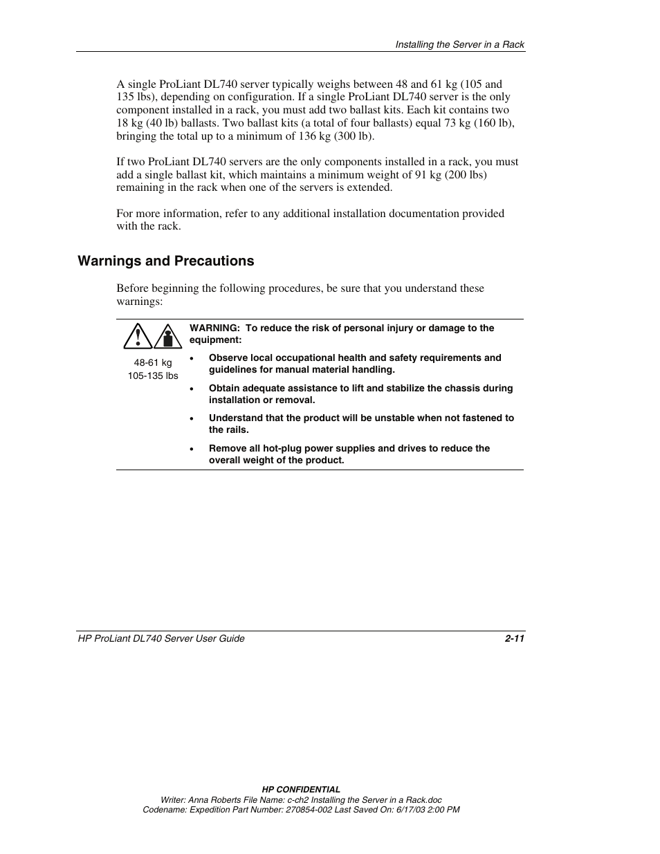 Warnings and precautions, Warnings and precautions -11 | HP ProLiant DL740 Server User Manual | Page 54 / 277