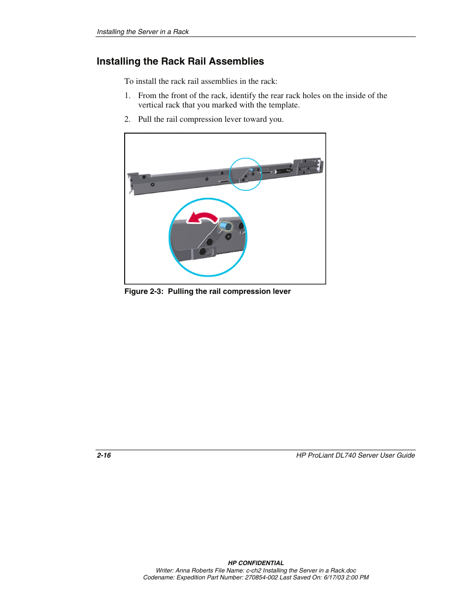 Installing the rack rail assemblies, Installing the rack rail assemblies -16 | HP ProLiant DL740 Server User Manual | Page 59 / 277