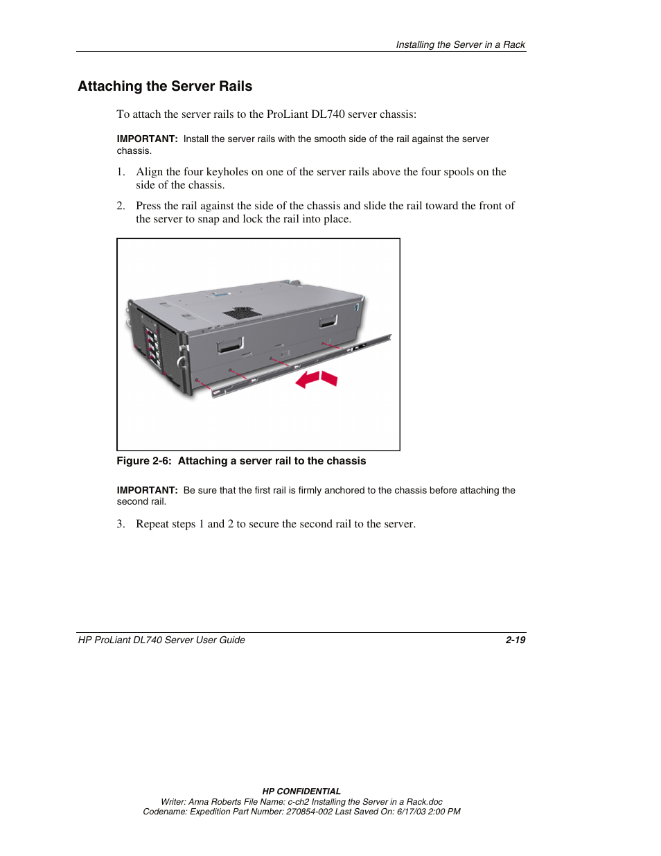 Attaching the server rails, Attaching the server rails -19 | HP ProLiant DL740 Server User Manual | Page 62 / 277